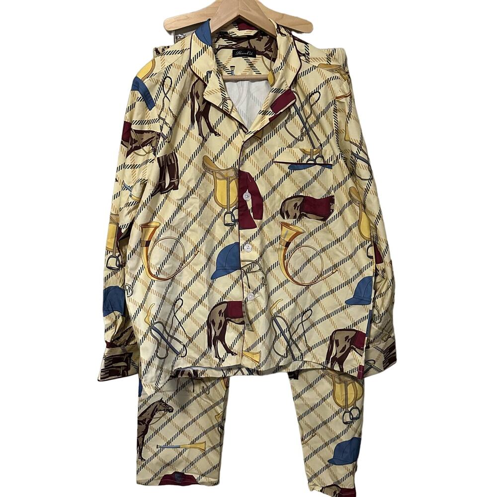 Phineas Cole Brushed Cotton Equestrian Print Pajama Set Tan Size XL New